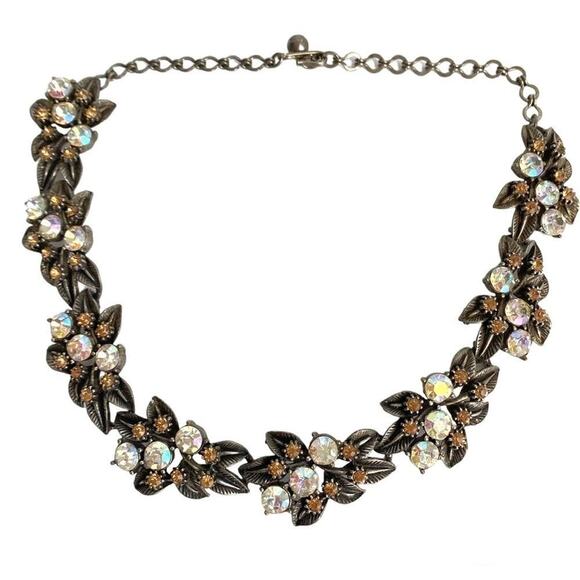 Vintage FLORENZA Necklace Aurora Borealis Crystal Leaf Floral Rhinestone Choker - Picture 1 of 9